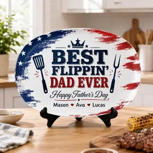 Personalized Best Flippin Dad Ever Grilling Plate, Custom American Flag BBQ Platter with Kids Names, Patriotic Father's Day Gift for Dad