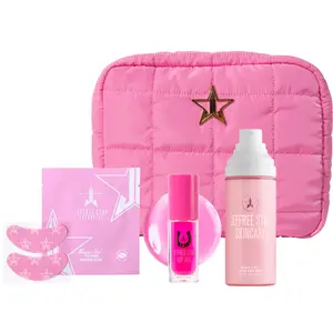 Jet with Jeffree Skincare Set - Includes Pink Hanging Travel Bag, Magic Star Eye Patches, Magic Star Glow Mist, & Pink Cactus Lip Oil