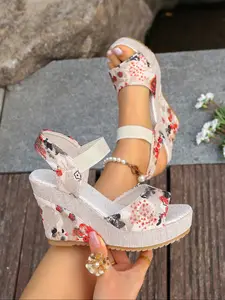Flower Wedge Sandals Elastic Strap Thick Sole High Heels Summer Fake Leg Lengthening Women's Shoes, Elegant Classy Stylish Fashion Textile Upper Rubber Sole Wedge Platform Sandals