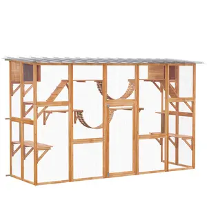 PawHut Catio Playground Cat Window Box Outside Enclosure, Outdoor Cat House with Weather Protection Roof for Multiple Kitties, Wooden Frame, Shelves & Bridges, 118" x 37.5" x 74", Orange