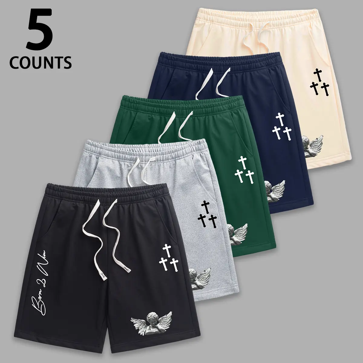 Men's 5-Pack Athletic Shorts, Cozy Graphic Cherub Print Activewear with Adjustable Drawstring and Deep Pockets for Lounging, Sports Clothes, 5-Piece Set, Graphic Shorts, Elastane, Stylish, Basic, 5 Counts