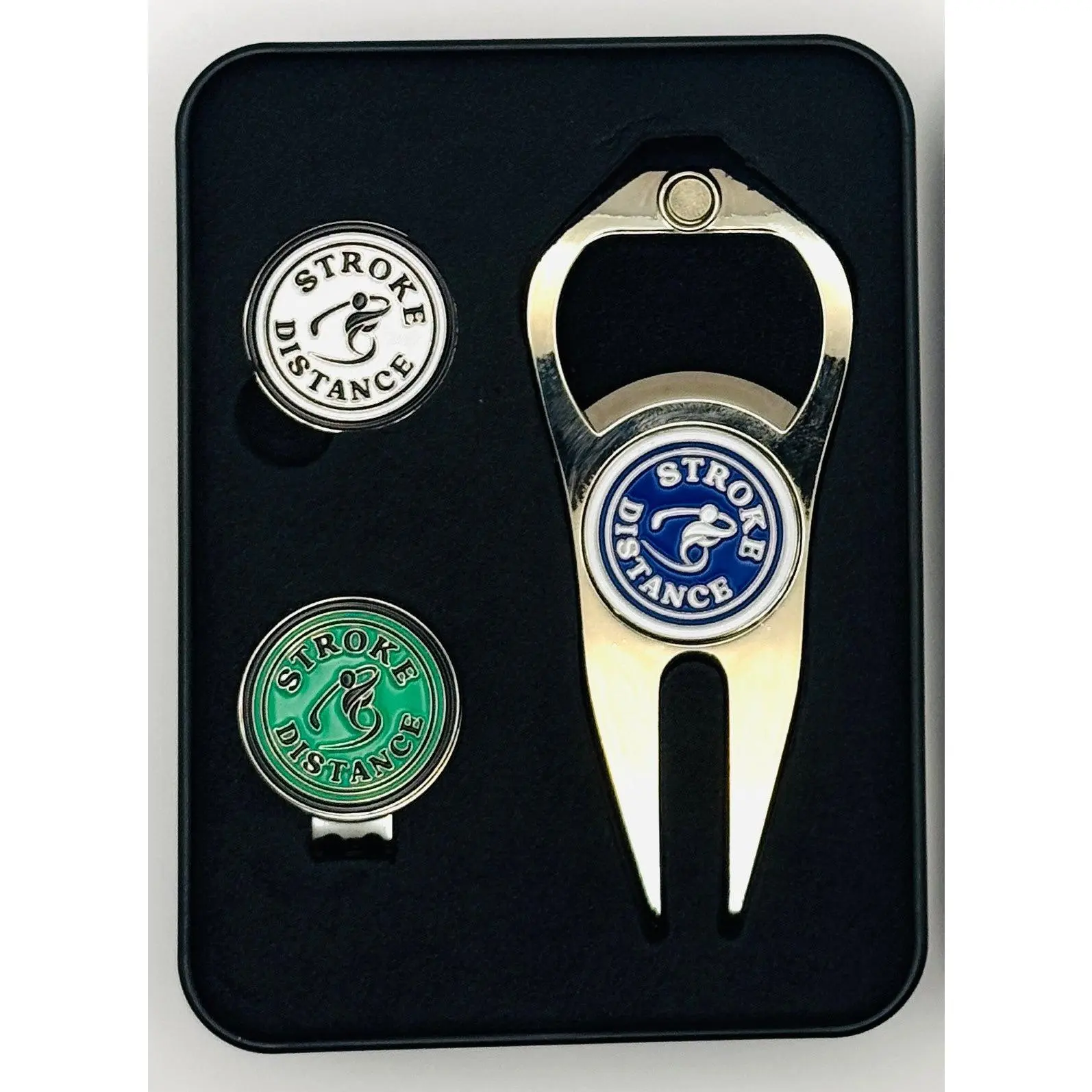 Stroke & Distance Golf Gift Set: Gift Tin, Divot Tool, Ball Marker, Hat Clip