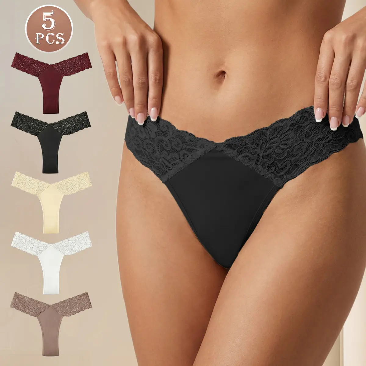 5-Pack Women's Low Rise Thong Panties, Silky Soft Lace Underwear, Stretchy Breathable V-Waist Thongs for Everyday Wear, Work, Travel & Vacation