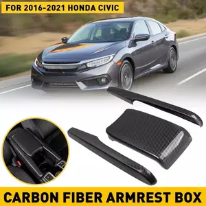 For Honda Civic 2016-2021 Interior Central Armrest Box Panel Carbon Fiber Black