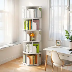 Modern 5-Tier Circular Form Rotating Bookshelf Tower, Fully Rotates 360°, Small White Bookcase with Drawers, No Wheels, for Bedroom, Office (5 Levels, White)