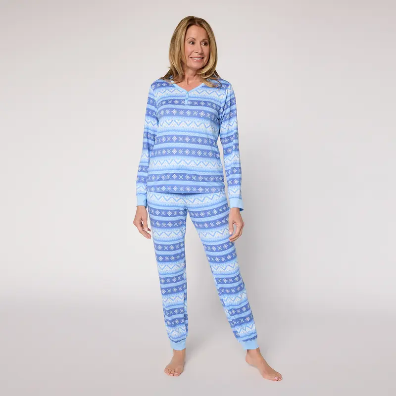 MUK LUKS Cloud Knit Henley Printed Pajama Set