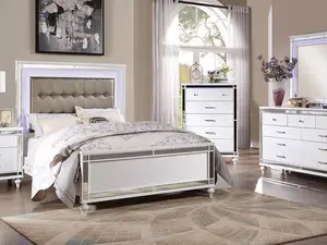 Brachium Glam LED Upholstered Bed Only – Mirrored Panel Frame, Button-Tufted Leatherette Headboard, LED Light Trim, Silver or White Finish