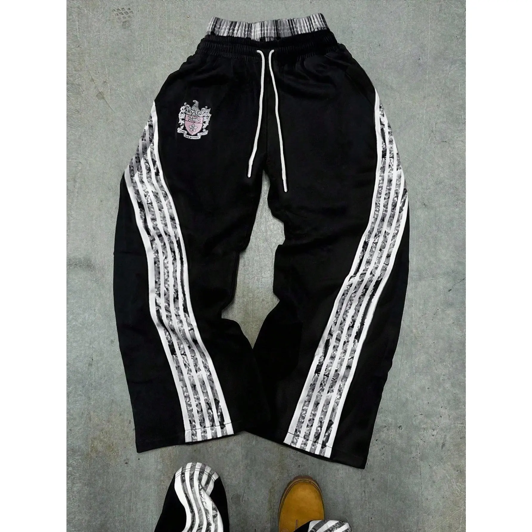 Men's Fleece Sweatpants - Vertical Side Stripes, Relaxed Tapered Fit, Drawstring, Pockets, Black-White - for Gym, Lounge, Watch Party, Mens Clothing, Casual Lounge Sweatpants, Drawstring Loose Sweatpants