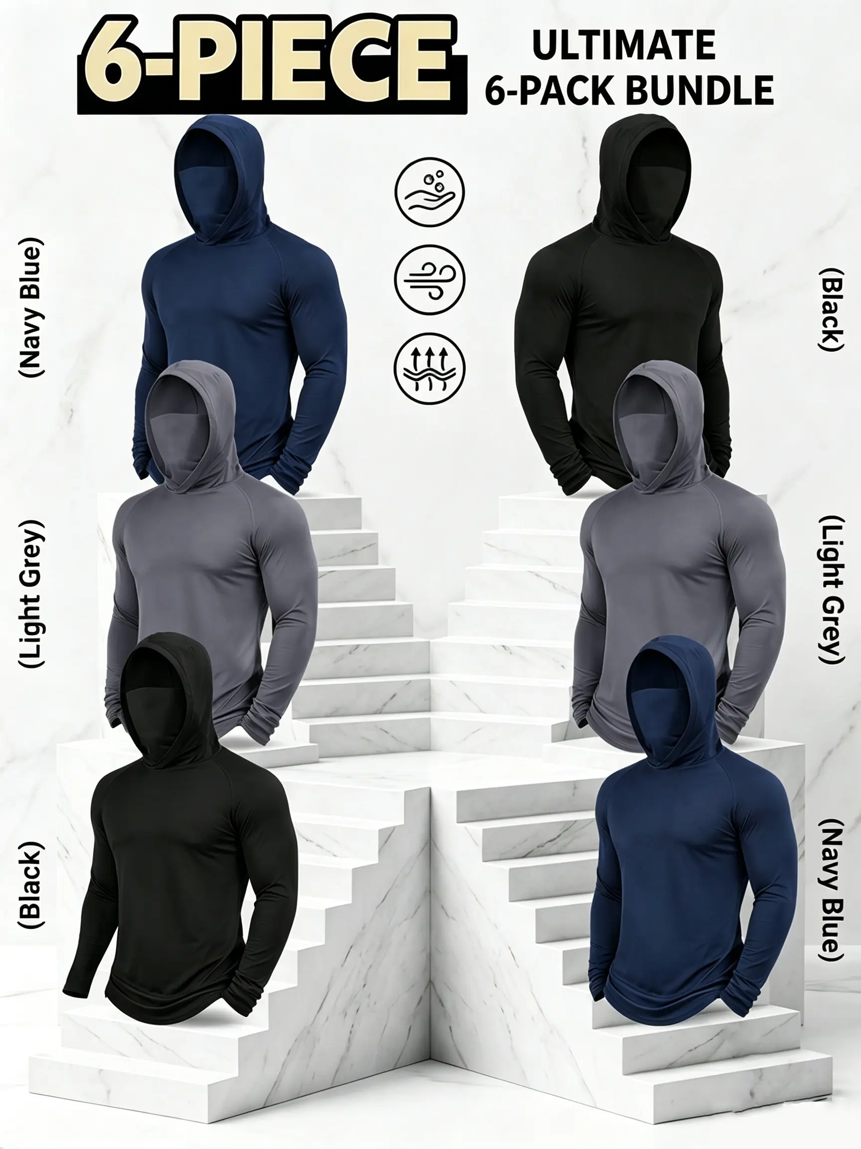 6-Pack Men's Fishing Hoodie with Built-in Face Mask, UPF 50+ UV Sun Protection Performance Shirt, Quick Dry Lightweight Long Sleeve Hooded Top for Boating Hiking