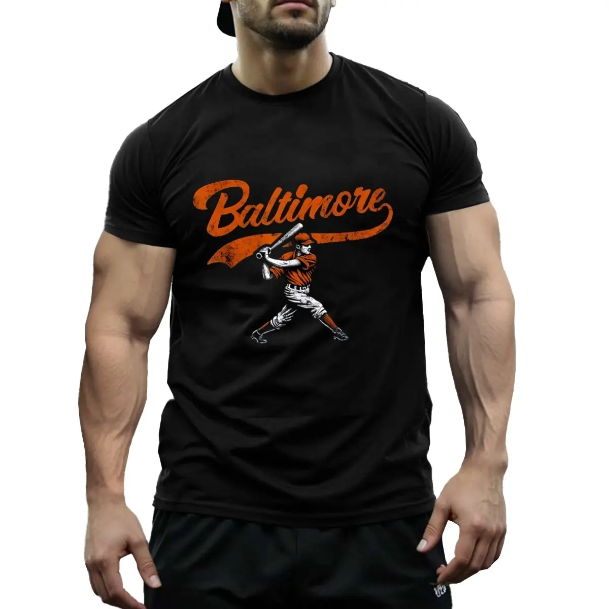 Baltimore Retro Vintage Baseball Graphic T-Shirt - Classic Maryland Gift, Soft Cotton, Casual Crew Neck, Short Sleeve, Black with Orange & White Player Design