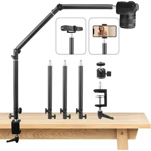 Heavy Duty Overhead Camera Desk Mount Stand 14.5"-41" with 1/4" Screw, 3-Section 360?Rotatable Detachable Articulating Boom Arm with Enlarged Handle C Clamp, Tabletop Light Stand for Streaming Vlog