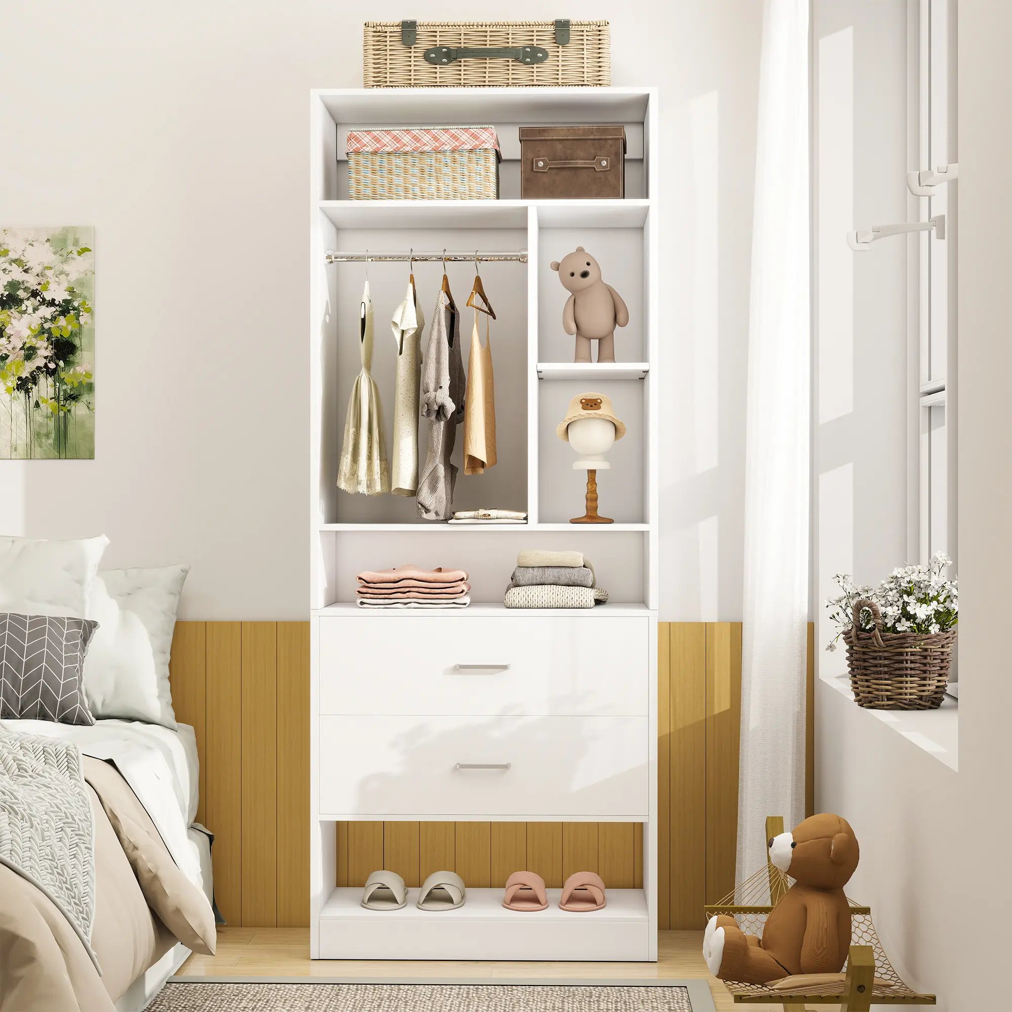 Freestanding 24" Closet System with 2 Wood Drawers，2FT Closet Organizer Wardrobe Bedroom Organization with 6 Shelves & Hanging Rod for Small Closets