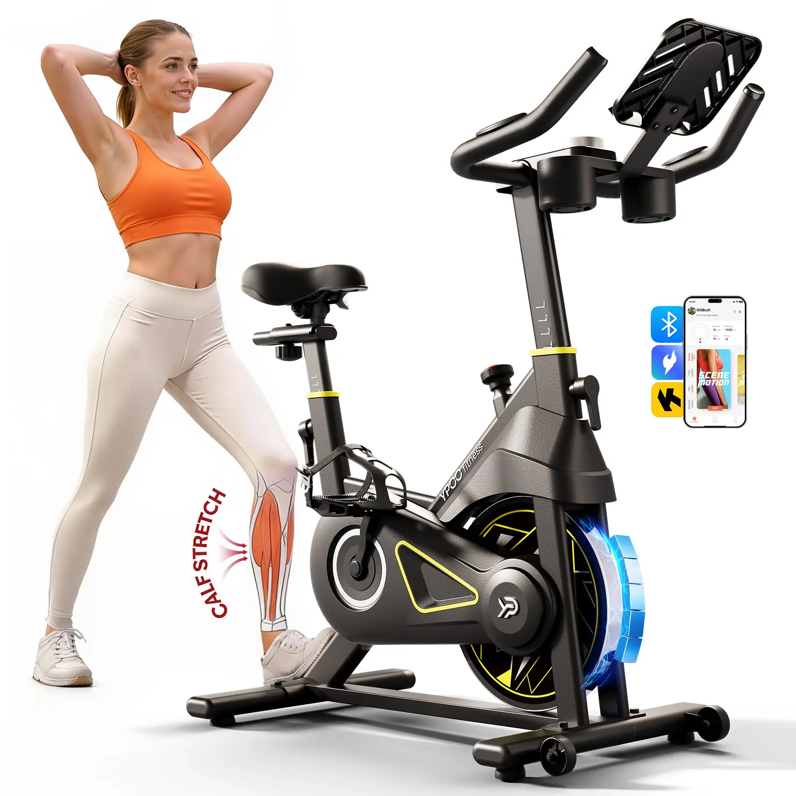 YPOO Quiet Drive Steel Frame Compact Exercise Bike - Home Gym Ergonomic Fitness Equipment with Bluetooth App Connection, LCD Display, Adjustable Resistance, Tablet Mount, Real-Time Data Tracking, Apartment Workout Use, Mother's Day Gift