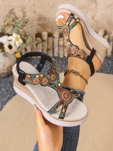 Women's Summer Boho Roman Sandals, Colorful Gemstone Embroidery, Thick Sole Design, Casual PU Leather, Vintage Fashion
