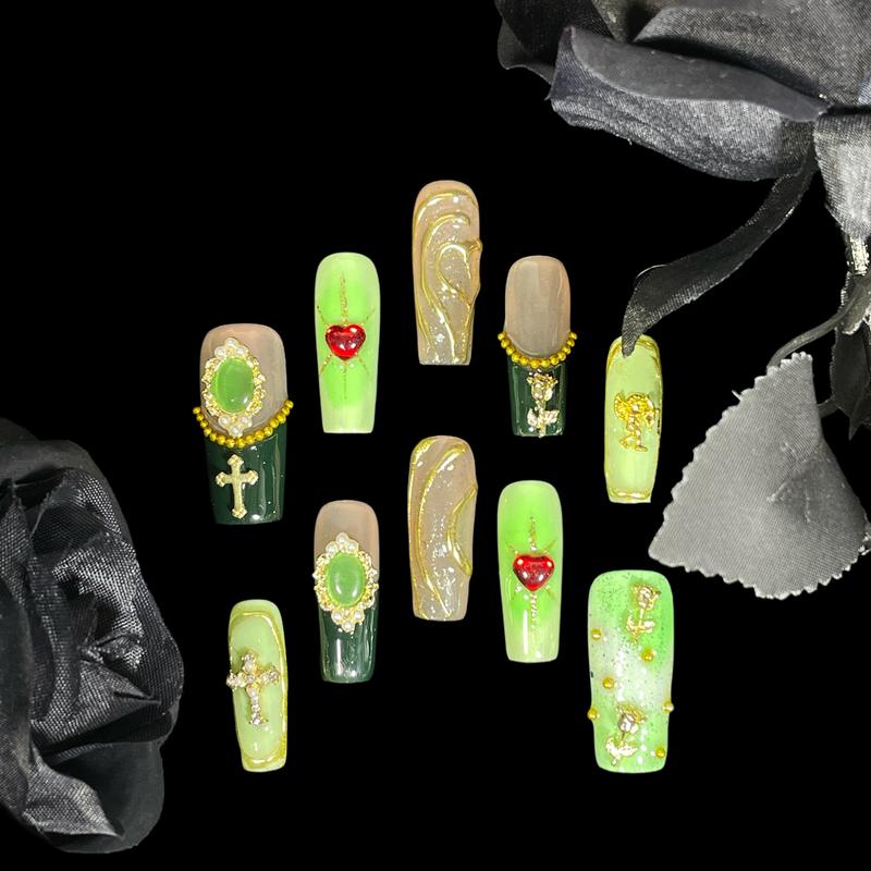 BByogooz Handmade Press On Nails Middle/Long Square Acrylic Fake Nails Green French Luxury Style with 3D Flower, Cross Angel Art Design | Gift for Women & Girls