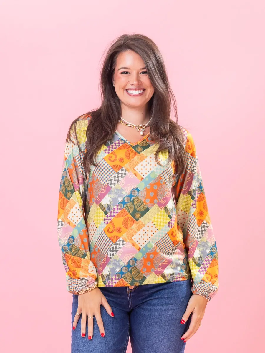 Patchwork Elastic Bubble Sleeve Top by DD Design | S-3XL