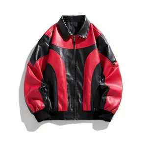 Men's Stylish Color Block PU Leather Jacket - Red & Black, Casual Loose Fit with Zipper Closure, Soft Polyester Blend, Perfect for Couples
