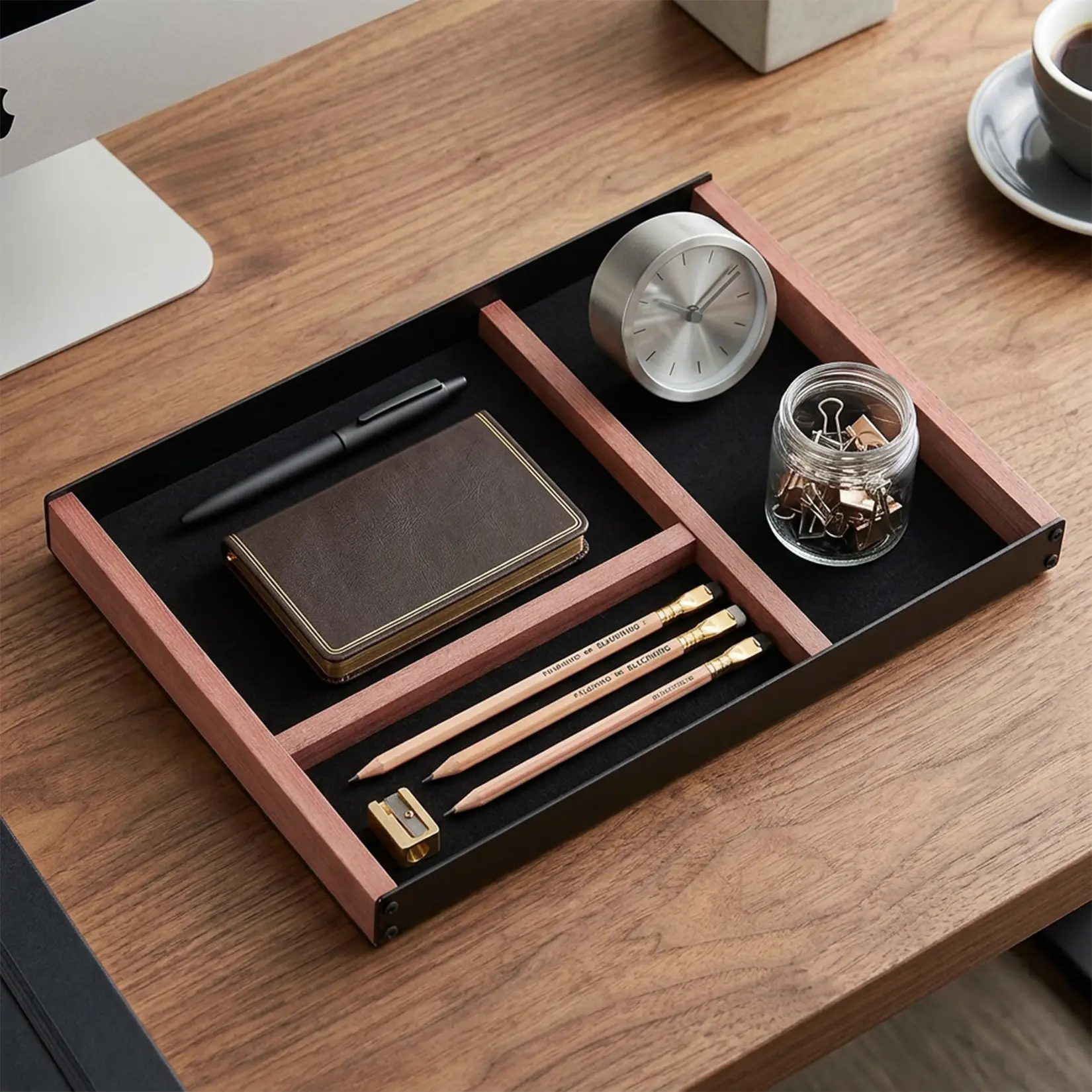 3-Compartment Storage Tray, Iron and Wood Material, for Desk, Dining Table and More