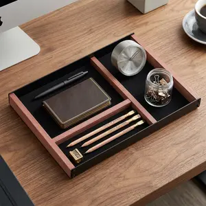 3-Compartment Storage Tray, Iron and Wood Material, for Desk, Dining Table and More