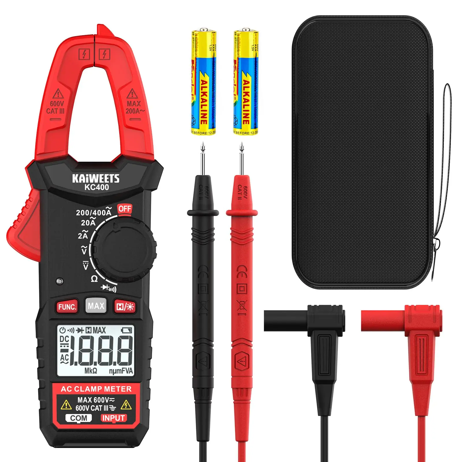 KAIWEETS Digital Clamp Meter Multimeter, Portable 2000 Counts LCD AC Amp Meter, 400A AC Current & 600V AC/DC Voltage Tester, Auto Ranging Voltage Check Tool with Ohm Volt Resistance Continuity Diode Test for Circuit Tracer and Breaker Finder