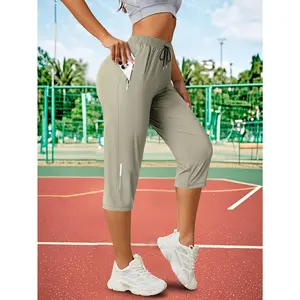 2026 New Summer Women's Cropped Pants Casual Outdoor Ice Silk Breathable Sports Sweat Absorbing Quick Drying Sports Shorts with High Elasticity and Zipper Pocket Design for Fitness Training Pants