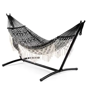 Double Cotton Hammock with Heavy Duty Steel Stand and Portable Carrying Bag, Bohemian Macrame Design for 2 Person, 450lbs Capacity for Indoor Outdoor Patio Garden