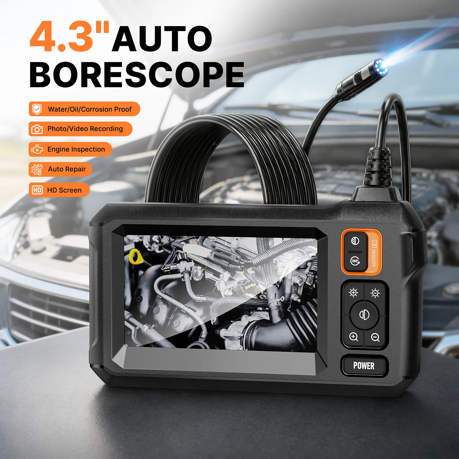 【Auction】Automotive Borescope Camera, 16.5FT/33FT Waterproof Endoscope Inspection Camera with 4.3" HD Screen, 8 LED Lights, Snake Camera for Car Engine, Cylinder, Spark Plug, Auto Repair, Drain and Pipe Inspection