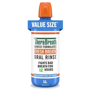 TheraBreath Fresh Breath Oral Rinse, Invigorating ICY Mint Flavor, Dentist Formulated and ADA-Accepted Mouthwash for Bad Breath pH-Balanced, Alcohol Free & Non-Burning, 1 Liter