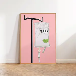 Tequila In An Iv Bag Poster, Pink Bar Cart Wall Art, Preppy Cocktail Poster For Dorm, Poster Prints No Framed, Gifts For Friend, Wall Room Decor, Poster For Dining Room, Gifts For Birthday