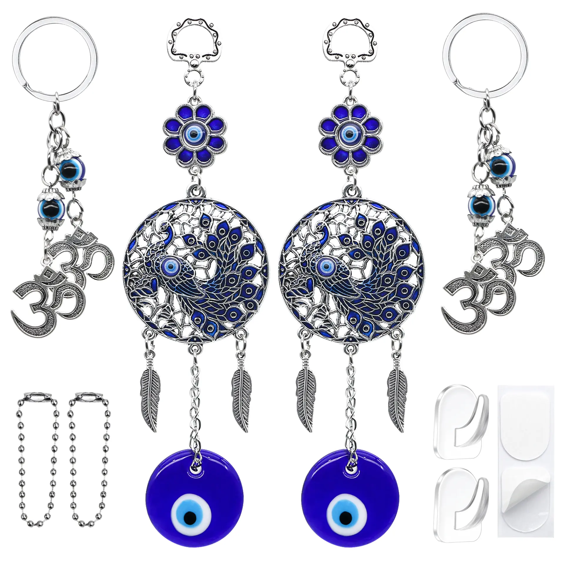 4-Pack Fashionable Alloy Evil Eye Charm Keychain Pendants - Religious Antique Silver Turkish Nazar Amulet Boncugu, Peacock, Hindu OM Beads Hanging Decor for Car Rearview Mirror, Home Shrine