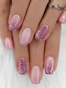 Y2K 24Pcs Medium Coffin Press On Nails For Women - Super Glossy Pink French Gradient Glitter Fake Nails| Sweet Cute Minimalist Elegant Style Artificial Manicure| Suitable For Holiday/Party/Date/Daily Wear| Beauty Nail Art Set With Detachable Patches