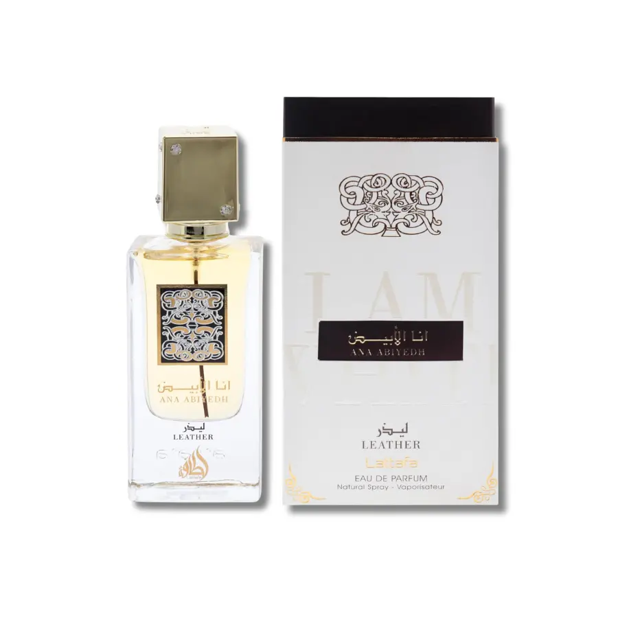 Lattafa Ana Abiyedh Leather Eau De Parfum, Aromatic Amberwood Fragrance with Leather & Cardamom Notes, Unisex EDP Spray, 2.0 fl.oz, Arabic Inspired Scent, Edp Cologne Spray, Adults, 2 Fl Oz, Spicy Woody, Amber Musk Trail, Ginger