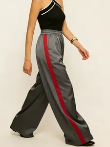 Women's Solid Satin Casual Straight Leg Pants, Side Ribbon Trim, Pocket Design, Comfortable and Stylish Long Trousers