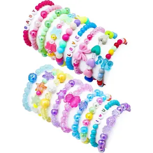 18 Pcs Cute Beaded Bracelets for Little Girls, Pink Letter Flower Star Toddler Bracelets Set, Kids Jewelry Gift Set for Girls