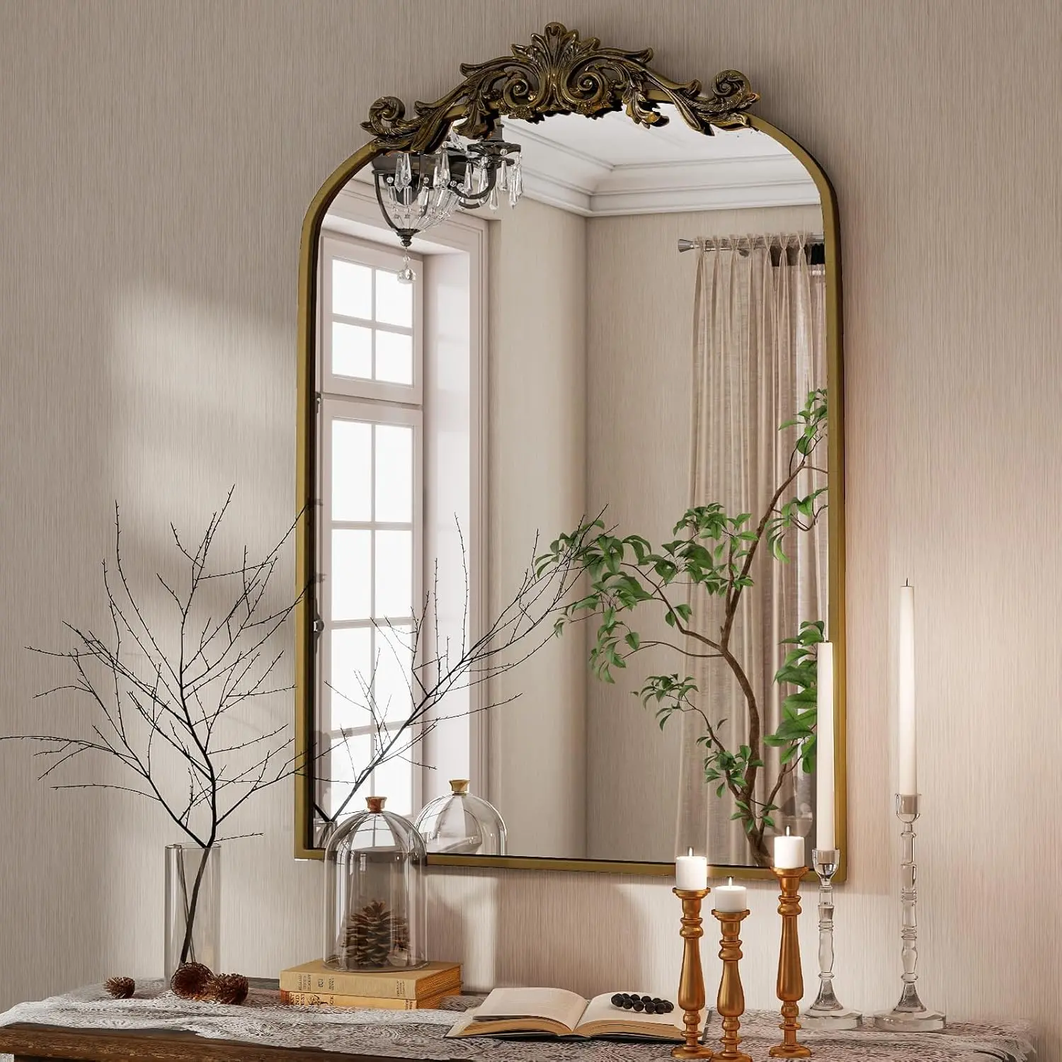 Arched Bathroom Mirror, 24x36 Inch Retro Wall Mounted Vanity Mirror with Carved  Top and Metal Frame, Antique Decorative Mirror for Hanging or Leaning