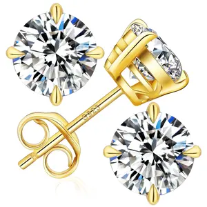 KRKC Sparkle Stud Earrings, Clean Girl Style, 4-Prong Setting, Gold Tone or Silver Tone Plated, 0.6/1/1.2/1.6/2/3ct Options, Iced-Out Look, Gift for Mom, Wife, Girlfriend, Daughter