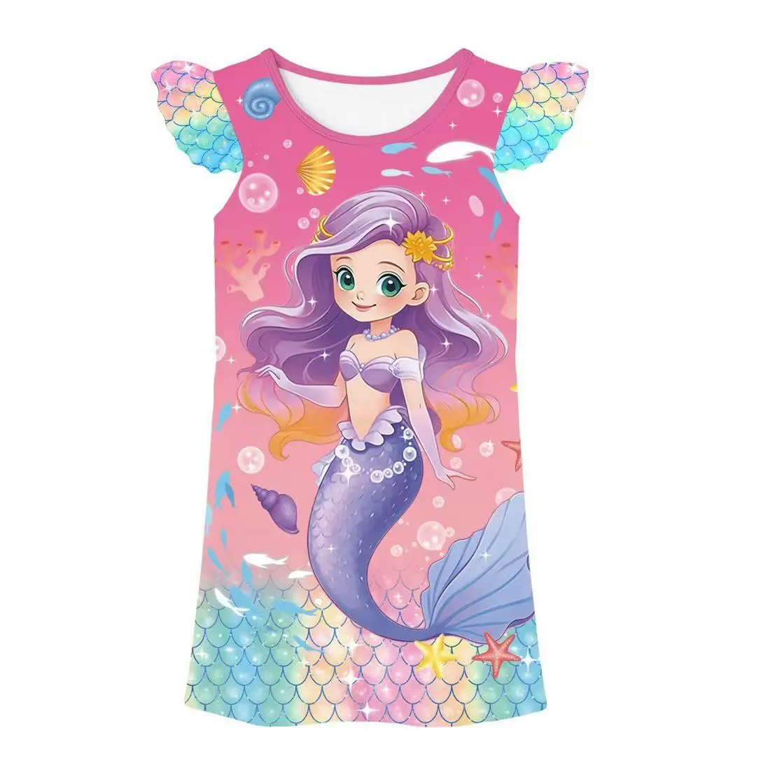 Cute Little Mermaid Digital Print Summer Girls' Nightgown