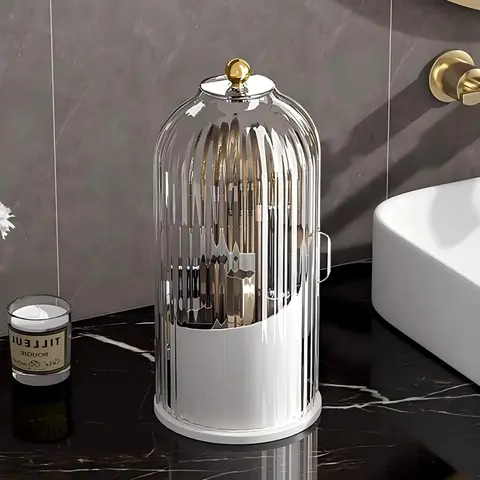 Acrylic Toothbrush Holder with Cover - 1-Piece ABS Freestanding, 360° Rotates, Transparent Waterproof Bathroom Organiser, Adhesive Tape, Multiple Sections for Desktop Countertop Toothbrush & Cosmetic Brush Storage