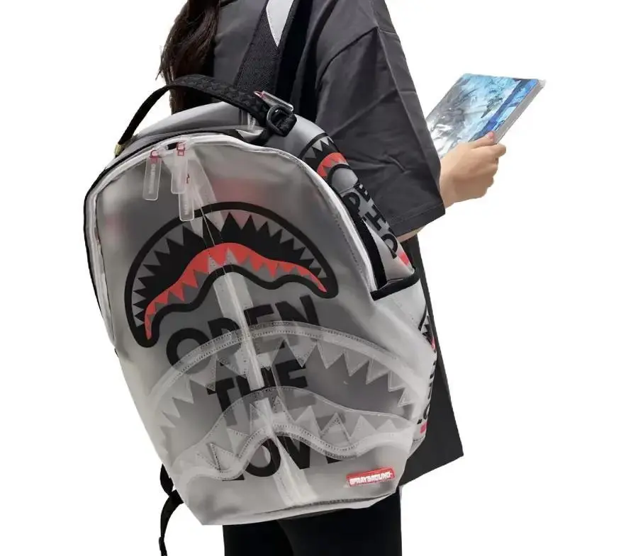 SpraygroundBack – OPEN THE LOVE matte semi-transparent shark large-capacity backpack  Shark Backpack for Kids - Sprayground Shark Spoof Backpack  Durable and stylish school bag for middle school students, high school students, and college students; couple