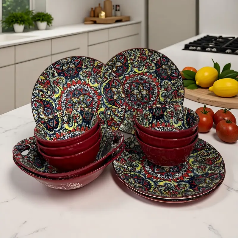Boho Style Ceramic Dinnerware Set, 12-Piece Durable & Stylish Design, Microwave Safe, Dishwasher Friendly, Perfect Gift Idea, Plates Bowls Sets