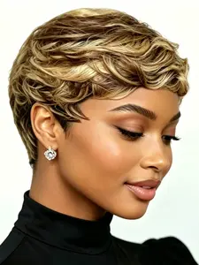 6 Inches Short Pixie Cut Human Hair Wig, Ombre Blonde Highlight Wig, Wavy Style for Daily Use, Natural Look & Comfortable Fit
