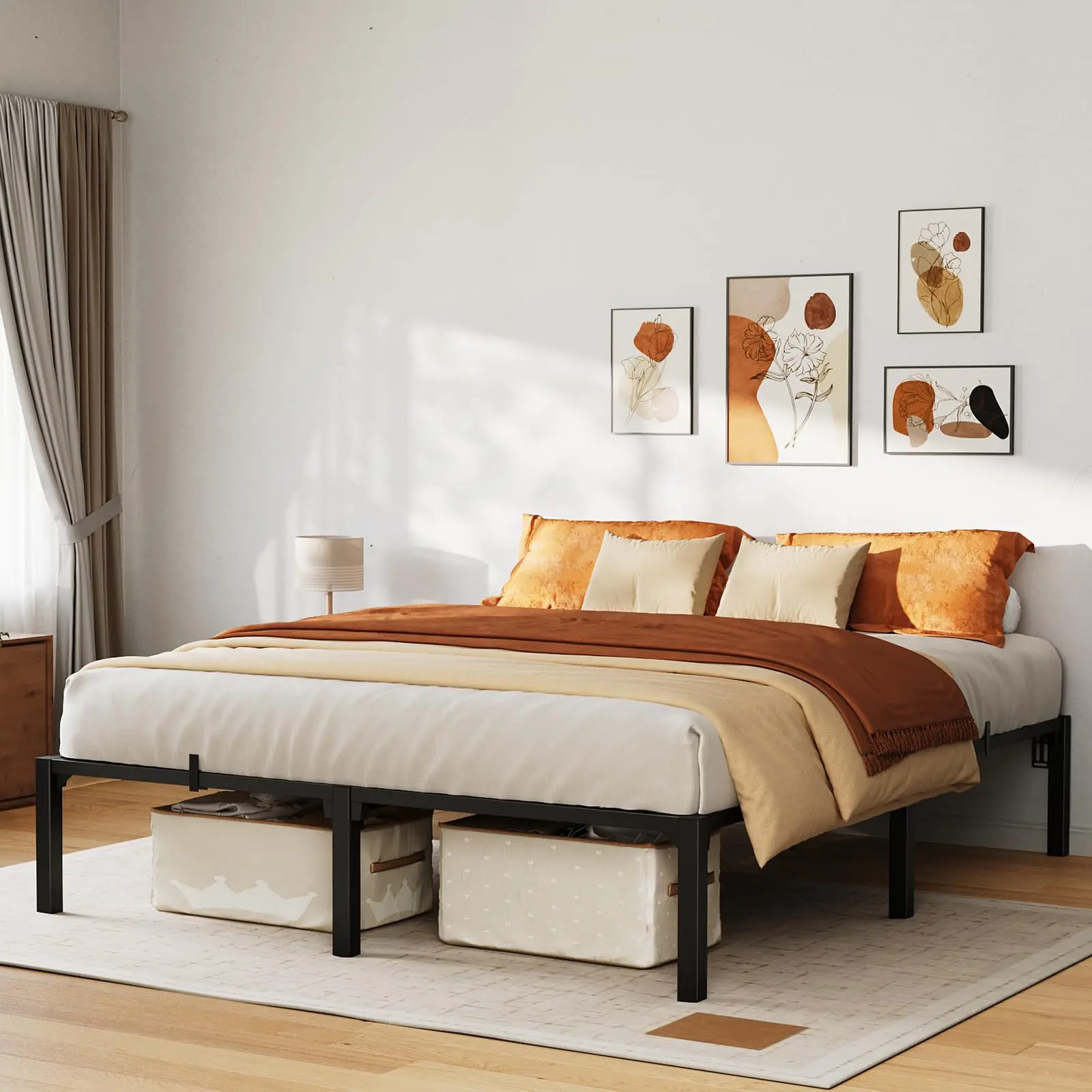 14-Inch Heavy Duty Metal Double Bedframe - Tool-Less DIY Assembly, Reinforced Steel Slats, 12-Inch Space-Saving Storage Clearance, Silent, Nonslip, No Box Spring Required, Bedroom Furniture for Apartments