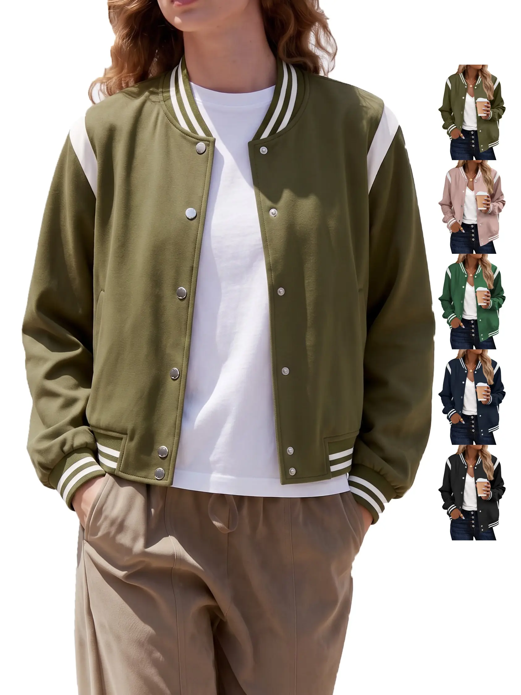 Zeagoo Women's Casual Collared Colorblock Bomber Jacket - Lightweight Snap-Front Polyester Blend Outerwear, Long Sleeves, Pockets, Medium Length, Work-Ready Biker-Inspired Tops, Fall Fashion