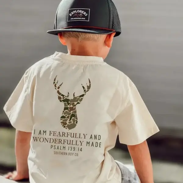 Camo Deer I Am Fearfully & Wonderfully youth and adult shirt, toddler boy clothing, Trending tee, kids clothing, birthday gift, Family shirt, summer outfit, gift for boy and girl, vacation outfit, funny shirt, jesus youth shirt, vintage clothing