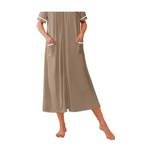 Women Zipper Robes Knit Short Sleeve House Coat Soft Bathrobe Full Length Housecoat with Pockets S-3XL