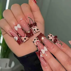 Cherry Cow Print Press On Nails | 3D Bow & Rhinestone Details | Red Nude Long Square Nails for Y2K Girls, Party Looks