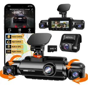 360? Dash Cam Front and Rear Inside, 4  FHD 4 * 1080P,  GPS Voice Control  Camera, Front 2K+1080P*2 Dash Camera for , with 64GB SD Card, Night Vision, 24H Parking Mode(N300)