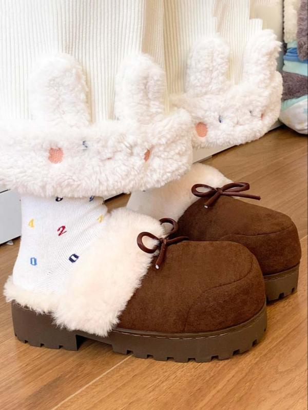 Women's Plush Slippers with Sweet Bow Design, Warm Winter Indoor & Outdoor Shoes, Comfortable Casual Footwear for Fall Season, Home Footwear