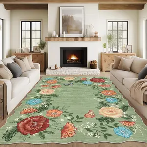 GARVEE Washable Rug 9x12 Area Rug Green Floral Scalloped Carpet for Living Room Bedroom Modern Botanical Carpet Non-Slip Easy Cleaning Low-Pile Soft Floor Mat for Nursery Home Office Dining Room,9x12