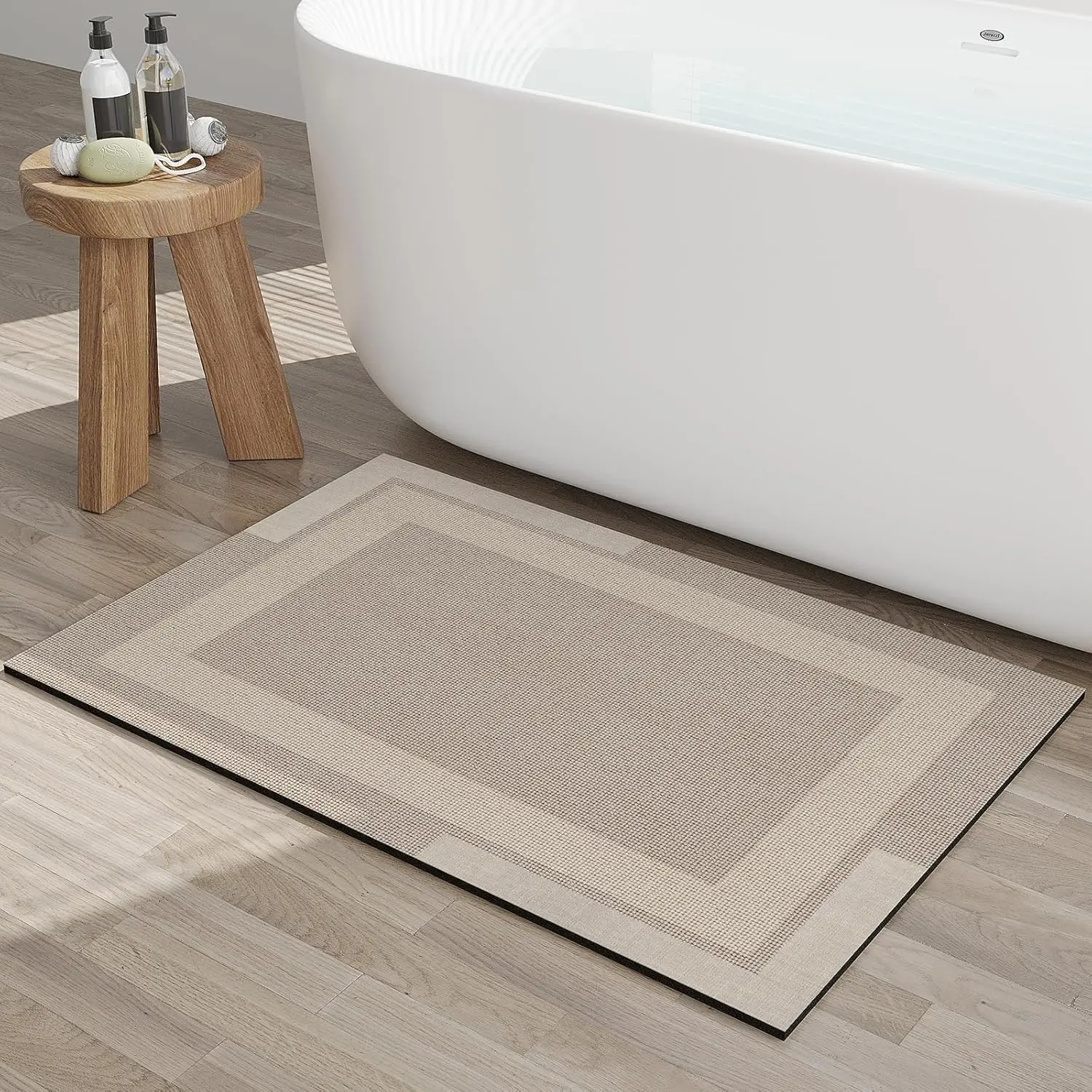 Ultra Thin Quick Dry Bath Mat Bathroom Rugs, Non Slip Rubber Backing Diatomaceous Earth Super Absorbent Bathroom Mat Shower Rug, Thin Bath Rug Fit Under Door Bathroom Floor, Beige 16"x 24"